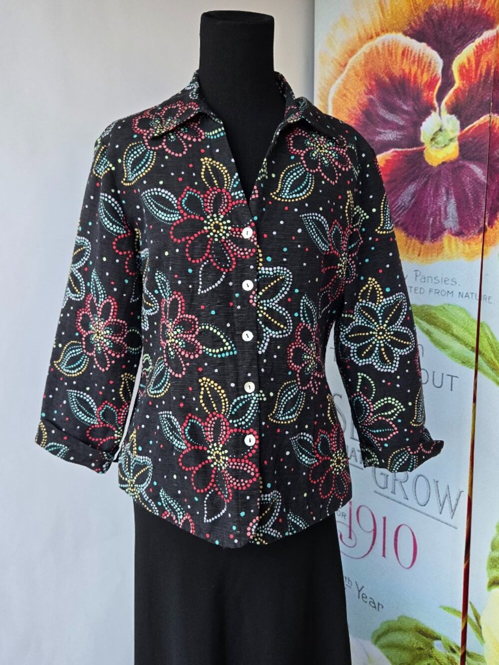 SILK LAND Silk Floral Button Down Silk Light Weight Blouse Jacket Boho Office